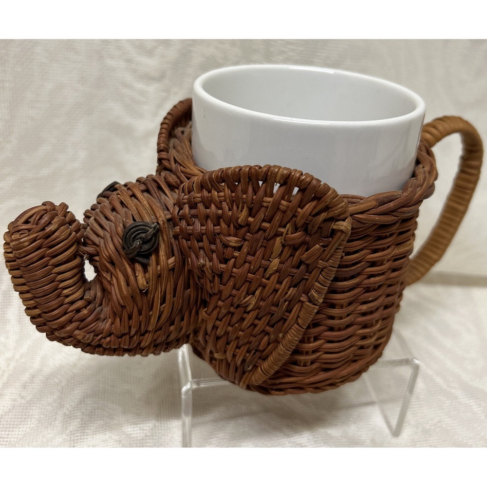 Avon COFFEE CERAMIC MUG  Vintage Elephant Shape 1970s Wicker Basket Mug Holder